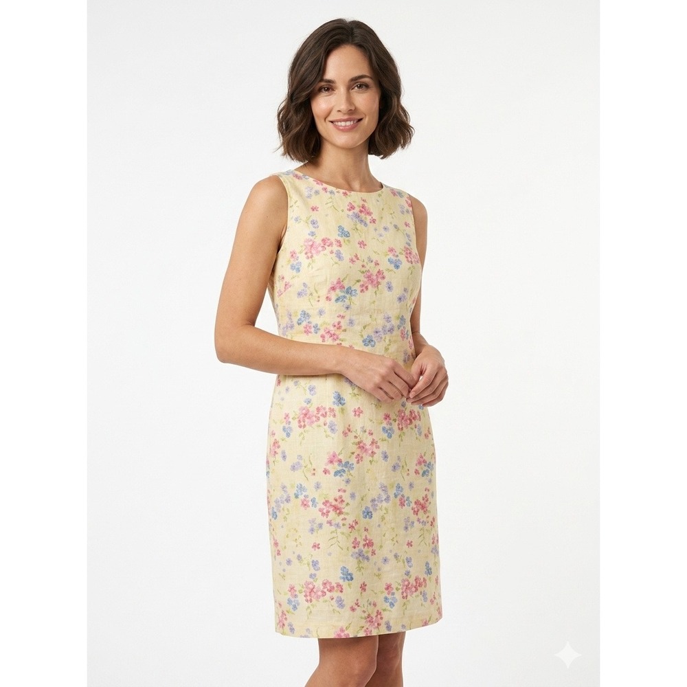 Liz Claiborne Lizsport Dress 100% Linen Floral Sleeveless Shift Vintage - 6